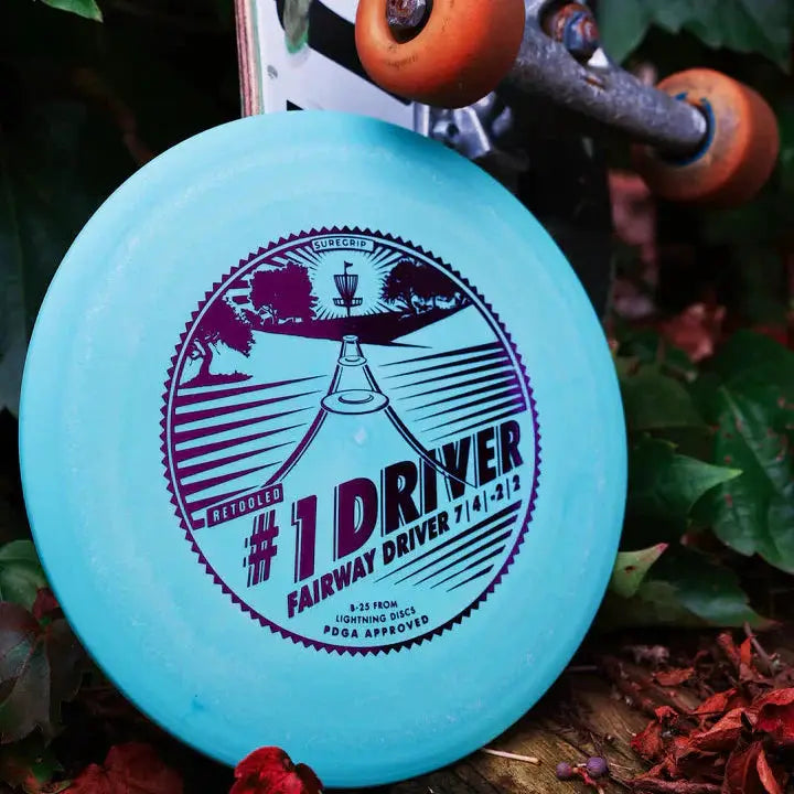 Lightning Sure Grip Driver fairway disc golf turquoise with bold purple print on Tampa Home & Garden Store