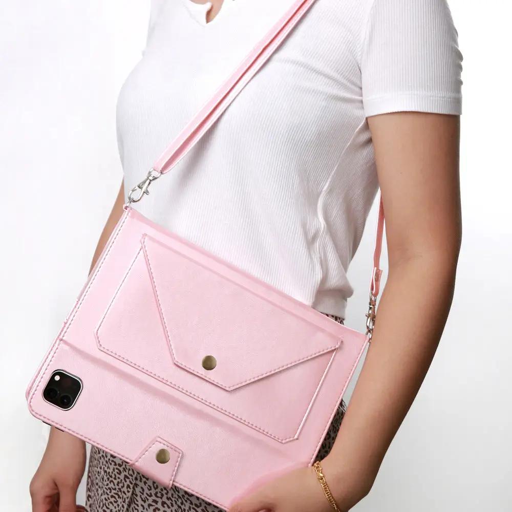 Pink leather iPad Pro 2020 case with pen slot, stand, and crossbody strap on Tampa Home & Garden Store