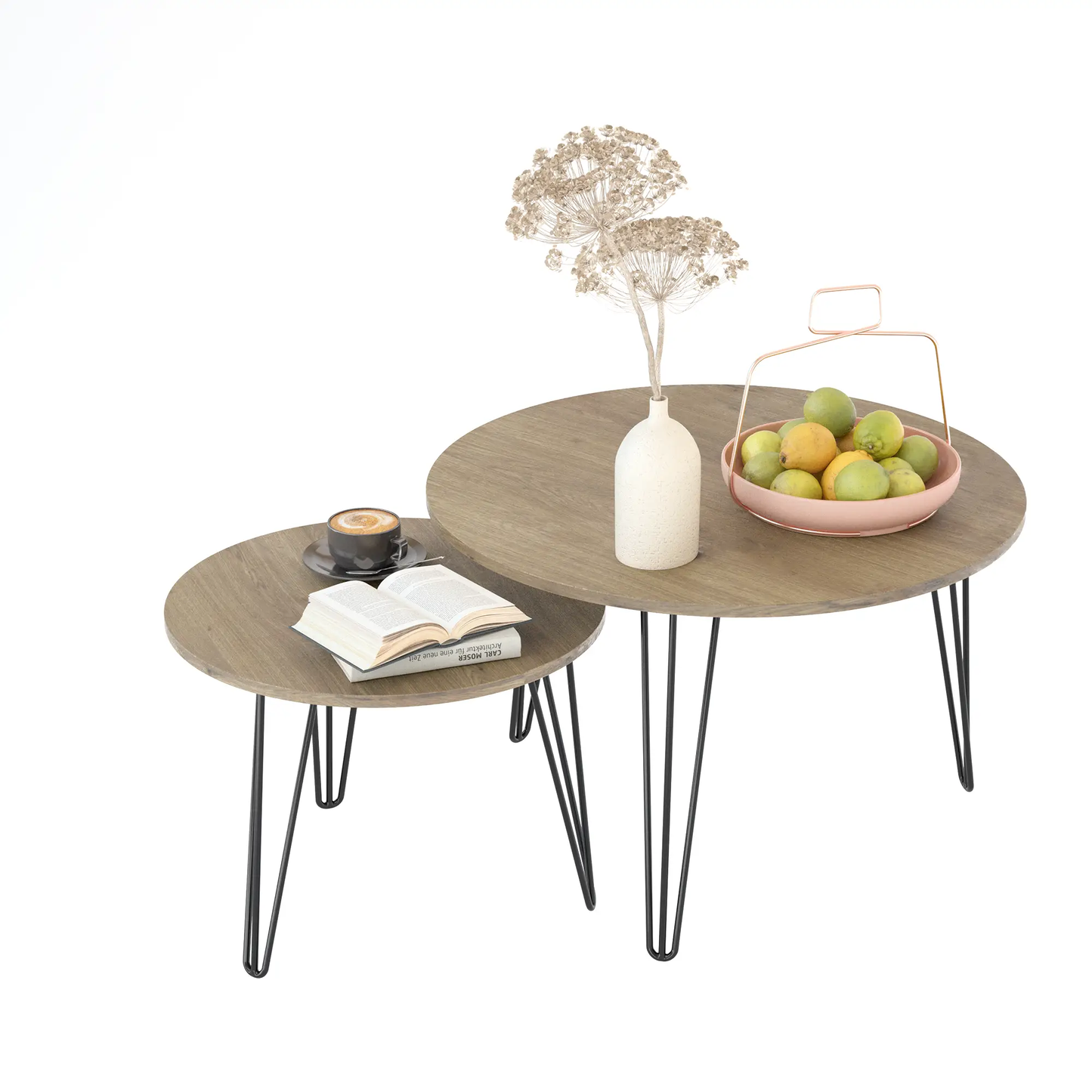 Table basse gigogne ronde de 27,56 pouces (ensemble de 2), tables d'appoint gigognes circulaires avec base métallique robuste pour salon, chambre, marron