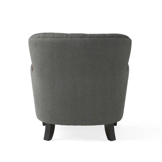 Grey fabric club chair back close-up with visible stitching and black legs on Tampa Home & Garden Store