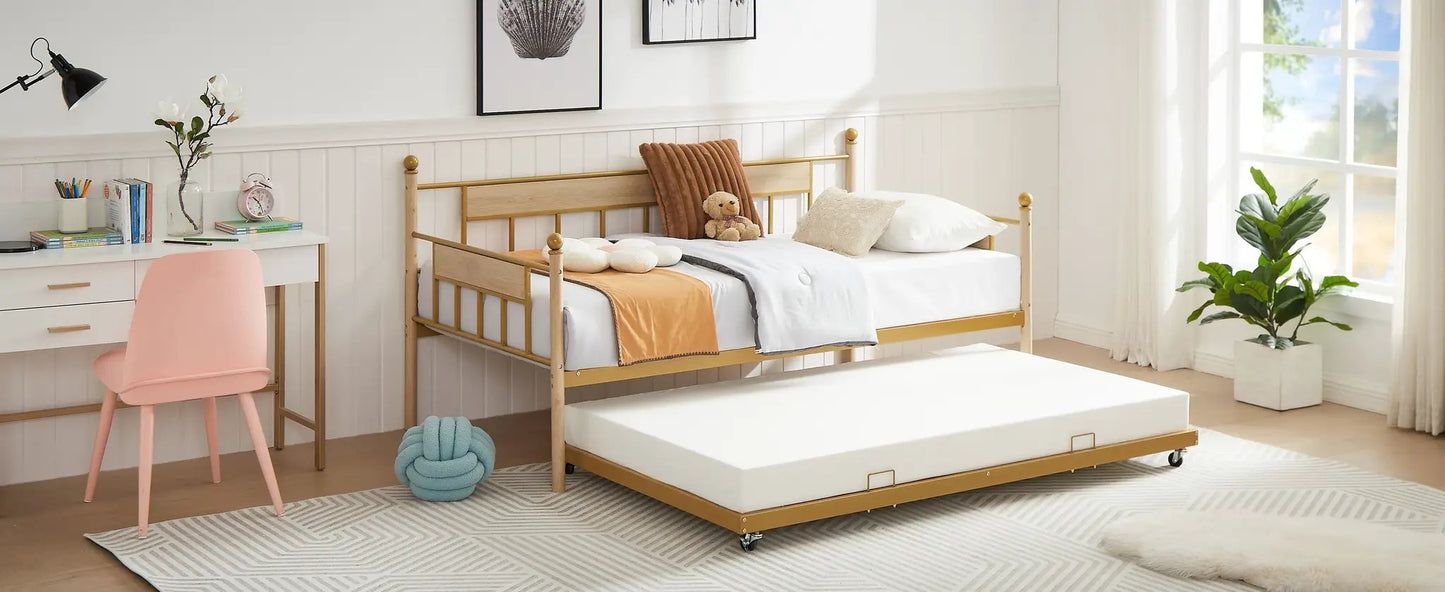 Daybed sofa bed with trundle in golden wood twin size for a bright guest room on Tampa Home & Garden Store