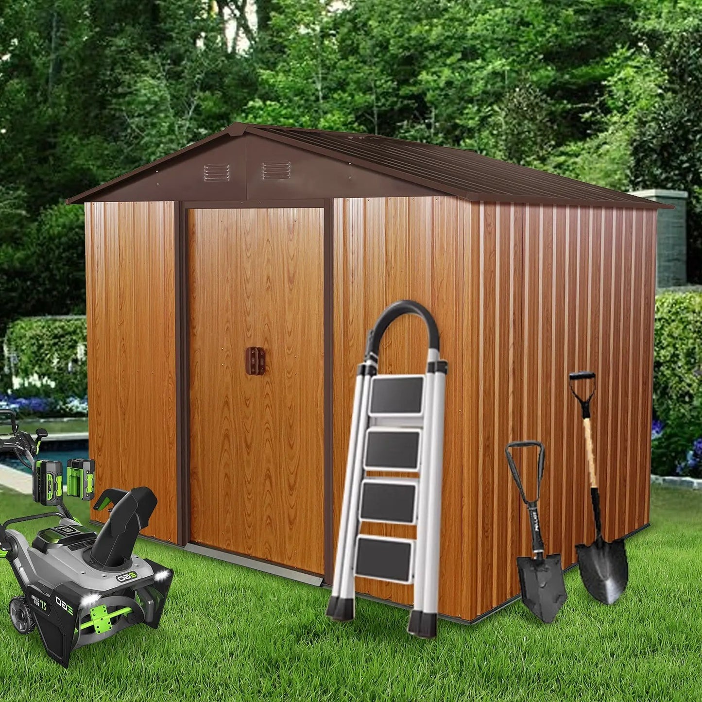 8ft x 6ft outdoor metal storage shed with brown wood-panel siding and base, ladder and tools nearby on Tampa Home & Garden Store