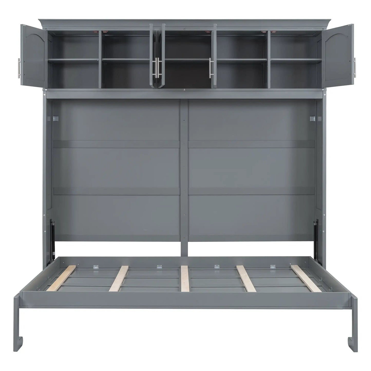 Full size gray Murphy bed with top cabinets and upper storage in a wall bed frame on Tampa Home & Garden Store