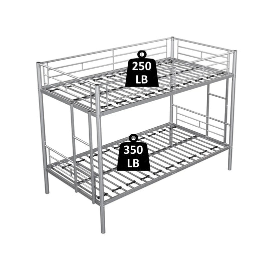 Metal twin over twin bunk bed in silver with guardrails and slatted frame 250/350 lb on Tampa Home & Garden Store