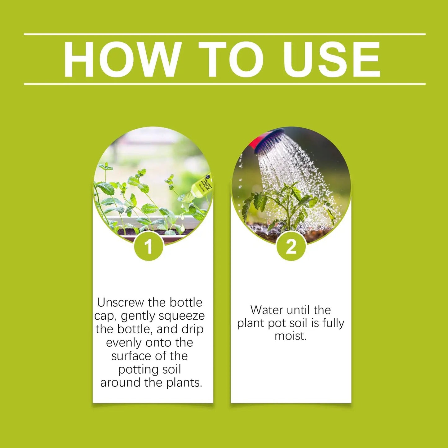Moonspry Indoor/Outdoor Plant Solution fertilizer two-step usage showing seedlings and watering on Tampa Home & Garden Store