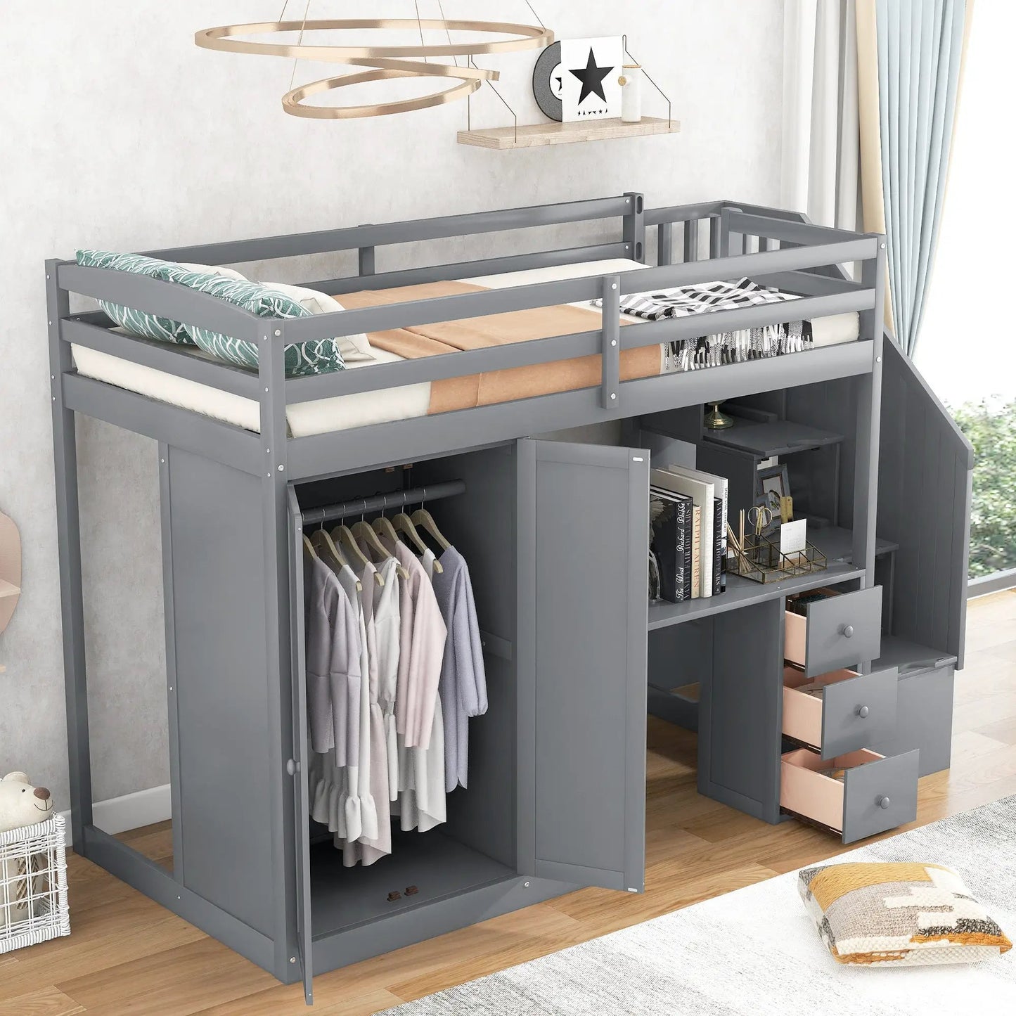 Twin loft bed with wardrobe and desk drawers in gray metal frame on Tampa Home & Garden Store