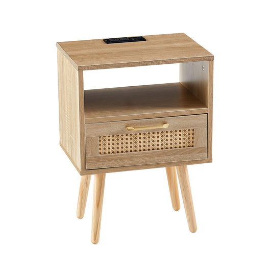 15.75" Rattan End table with Power Outlet & USB Ports Modern nightstand with drawer and solid wood legs