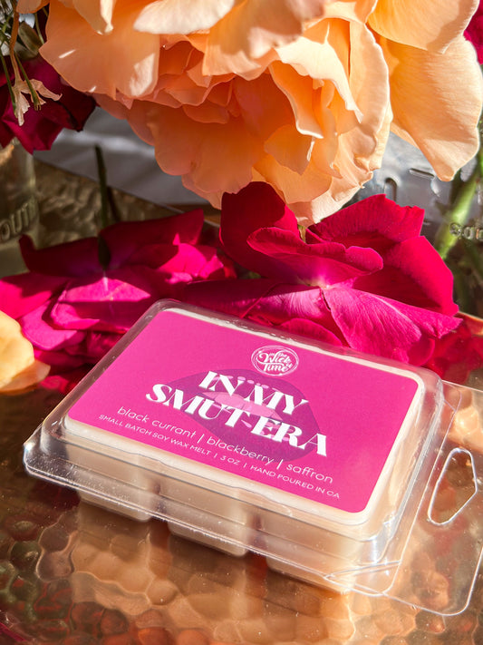 Wax melt In My Smut Era by In the Wick of Time pink label with magenta petals on Tampa Home & Garden Store