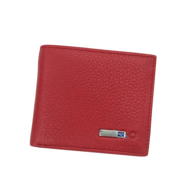 Leather Wallet Bifold Card Holder slim purse in red leather with metal logo plate on Tampa Home & Garden Store