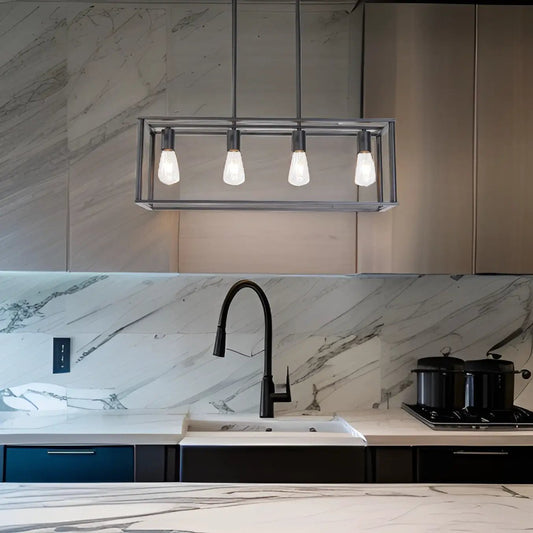 Pendant Lighting 4 Light Industrial Vintage Frame chandelier in black metal over marble island on Tampa Home & Garden Store