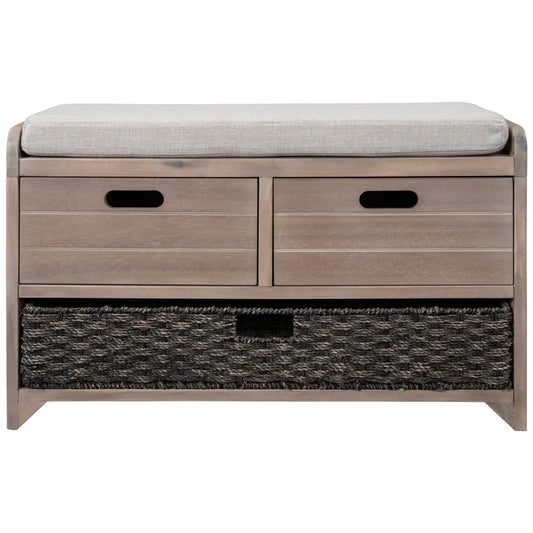 TREXM Storage Bench with Removable Basket, wood frame and beige cushion, woven lower basket on Tampa Home & Garden Store