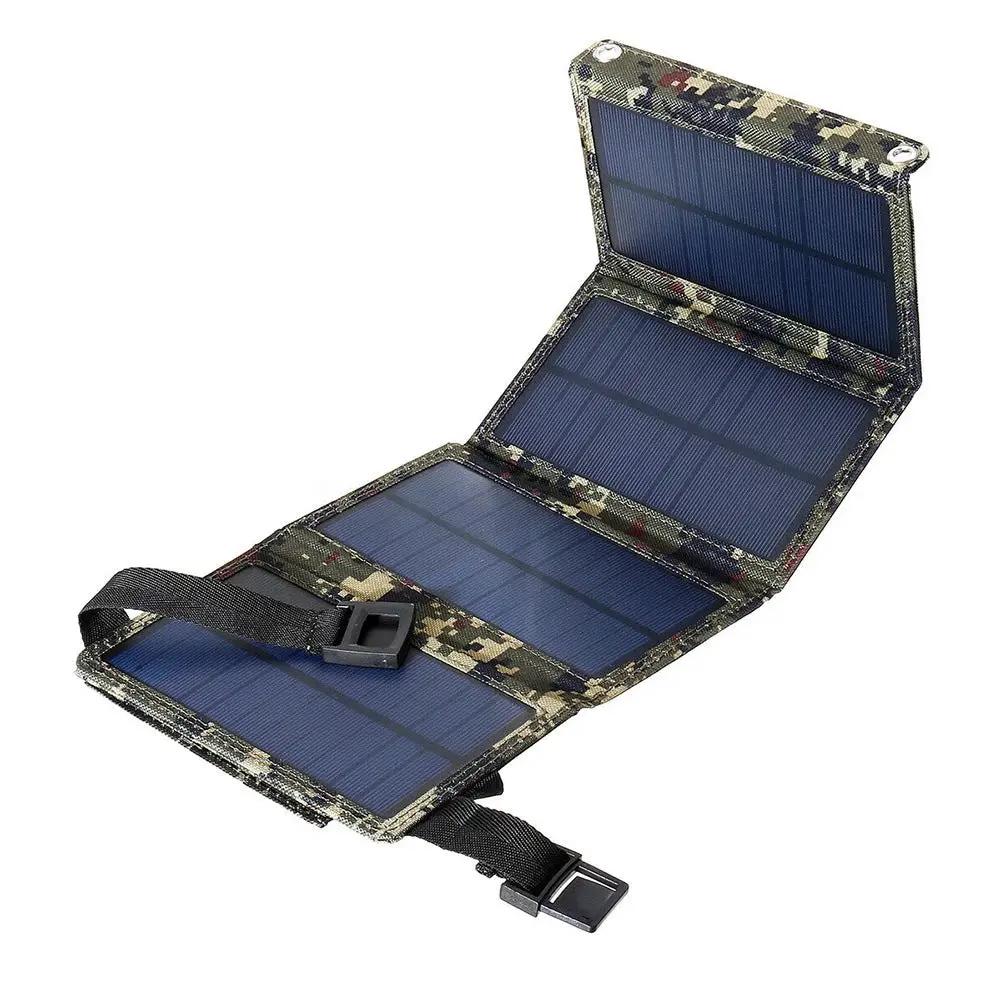 Foldable solar charger camouflage fabric cover with blue solar panels, portable USB 5V output on Tampa Home & Garden Store