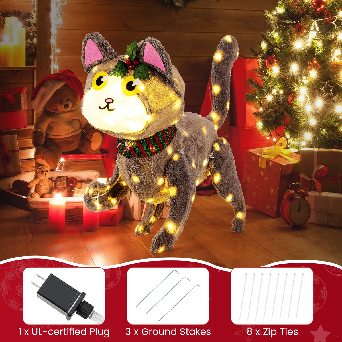DirectDeals 88 LED 3D cat night light with warm white glow, plush gray cat with holly scarf on Tampa Home & Garden Store