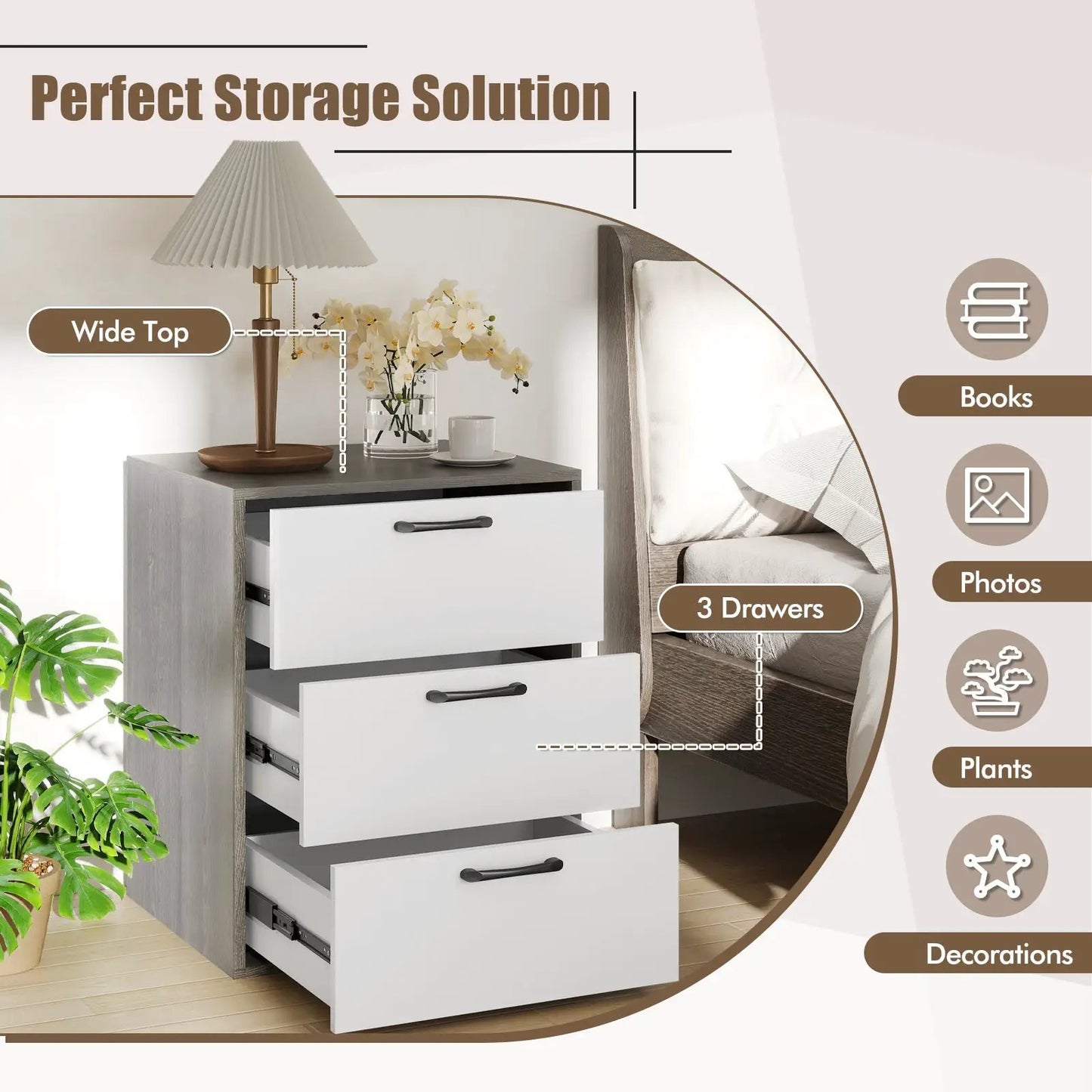 Modern dresser nightstand with 3 white drawers in gray wood finish DirectDeals on Tampa Home & Garden Store