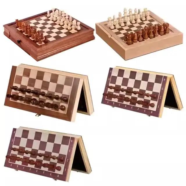 Drawer Style Wood Veneer Chessboard with Magnetic Box in dark and light wood and foldable travel boards on Tampa Home & Garden Store