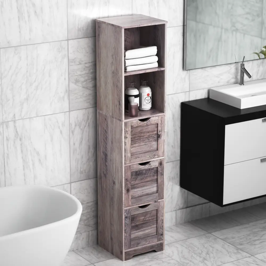 Grey tall bathroom cabinet with wood grain, 3 drawers and open shelf showing towels and bottles on Tampa Home & Garden Store