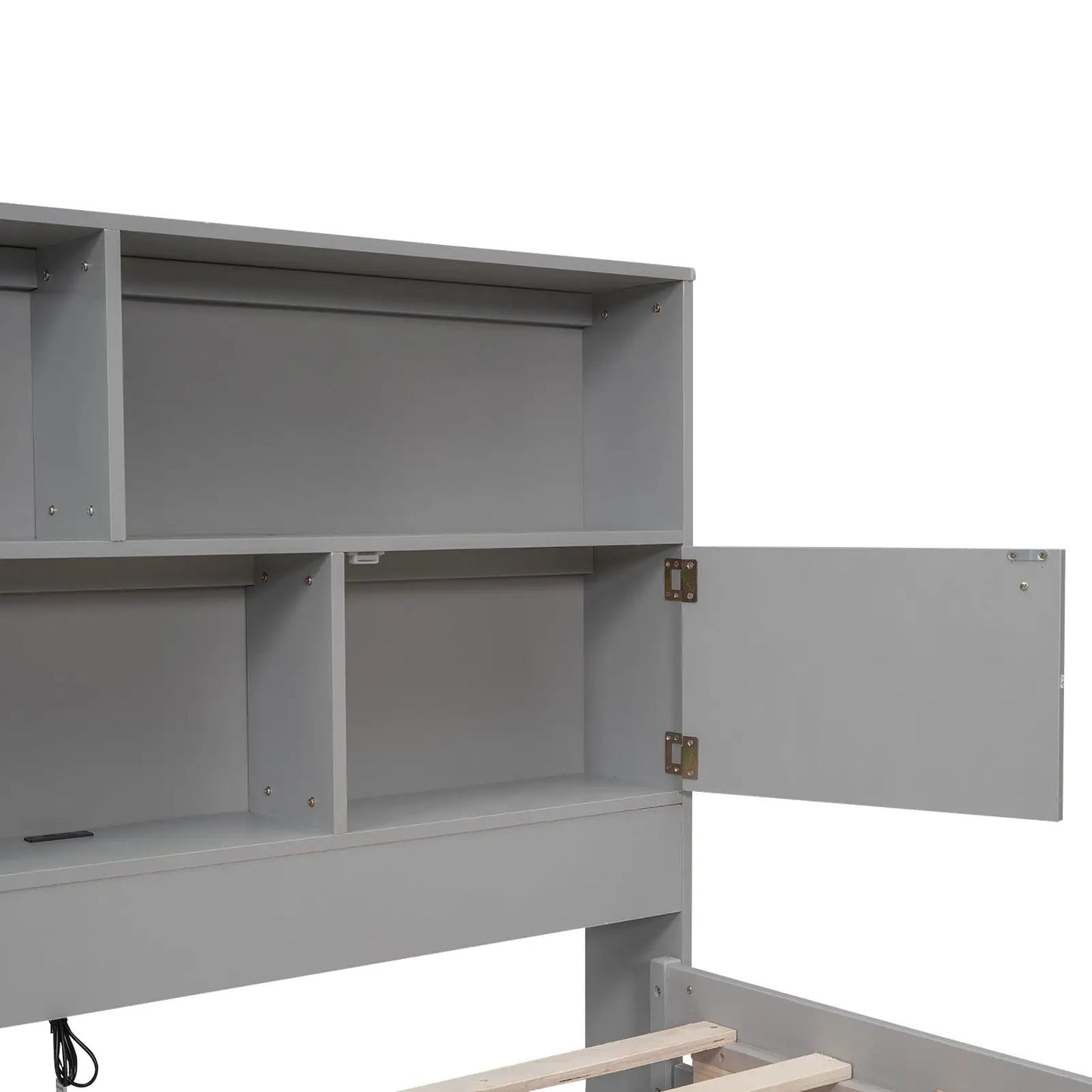 Full-size gray platform bed with storage headboard, built-in cubbies and wood slat supports on Tampa Home & Garden Store