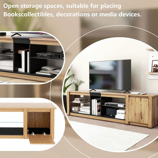 Modern TV stand for 80-inch TVs in wood and black finish with open storage shelves on Tampa Home & Garden Store