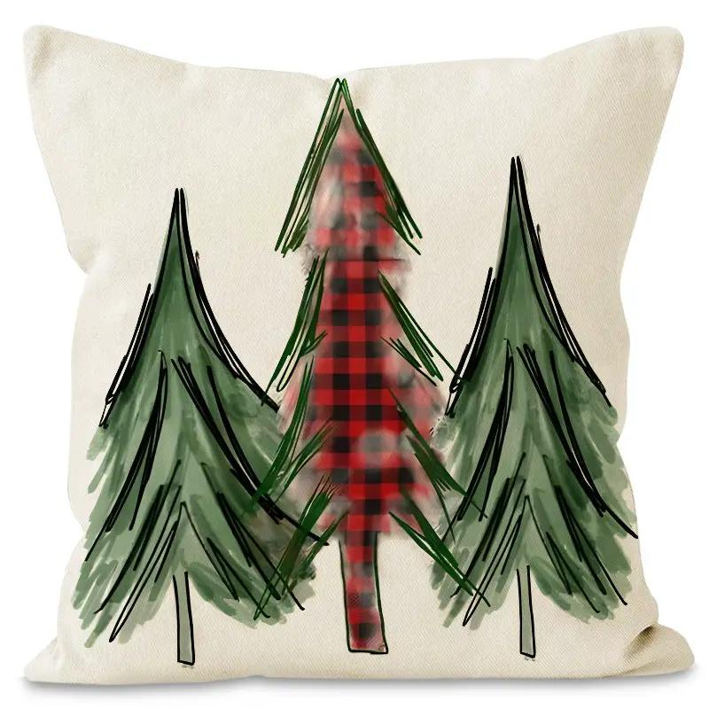 Christmas Tree Print Linen Pillow Cover with red plaid center tree and 3 green firs on linen on Tampa Home & Garden Store