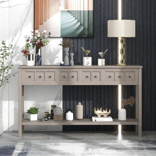 Trexm Rustic 60 Inch Entryway Console Table beige wood with drawers knobs, vases and lamp on Tampa Home & Garden Store