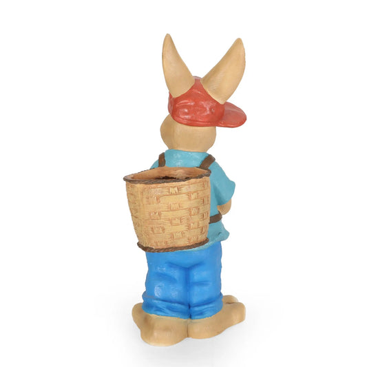 MGO Rabbit Planter blue and brown garden sculpture holding a wicker basket on Tampa Home & Garden Store
