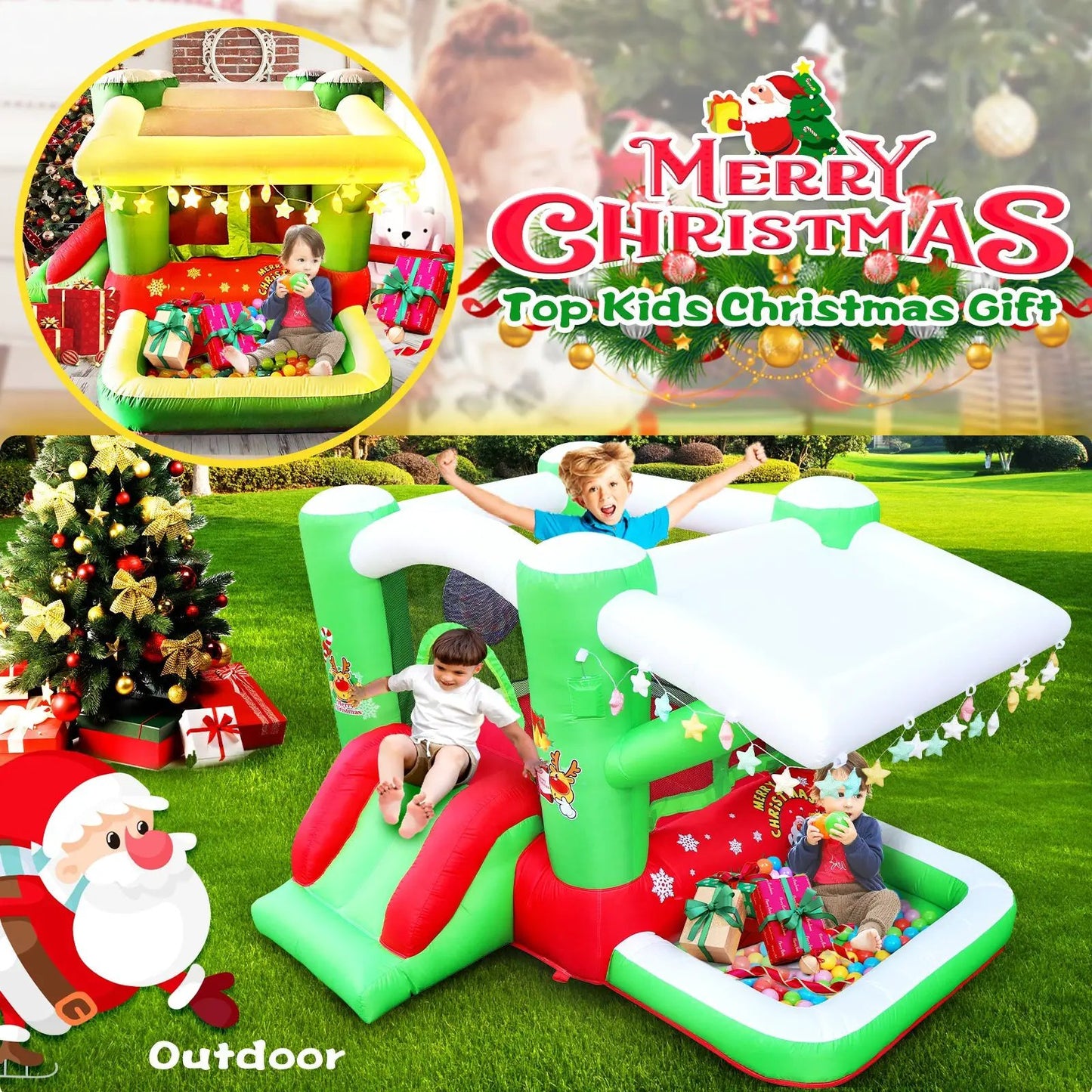 Gonflable de Noël « Jump 'n Slide » pour enfants – Ensemble complet avec souffleur – Aire de jeu de 80" x 91" – 55" de hauteur