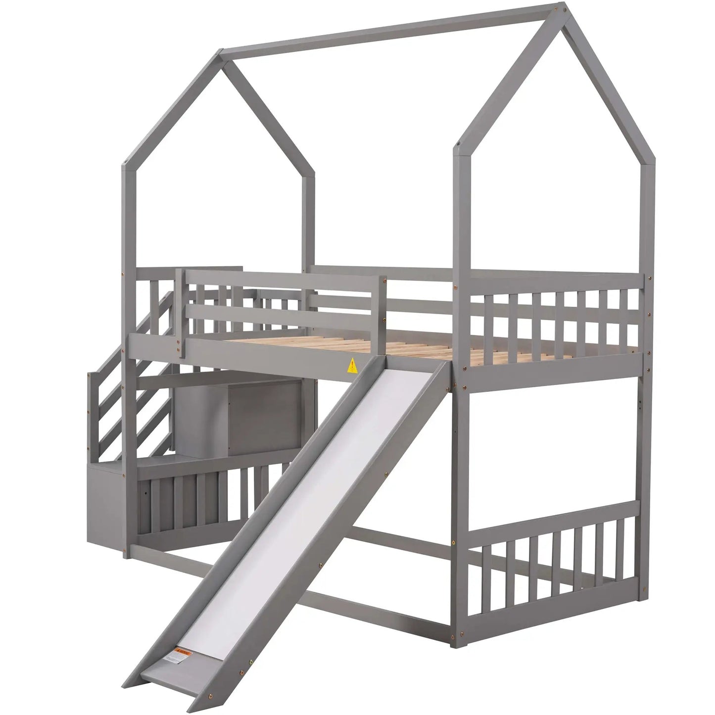 Twin over twin house bunk bed with slide gray metal frame on Tampa Home & Garden Store