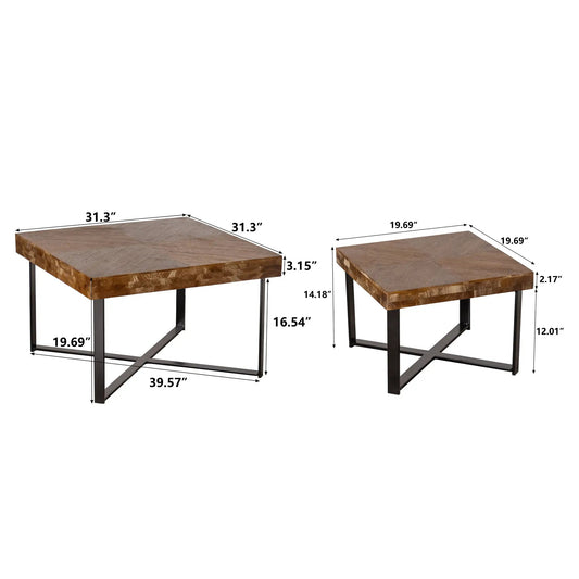 Retro splicing square coffee tables set of two with fir wood tops and black metal legs on Tampa Home & Garden Store