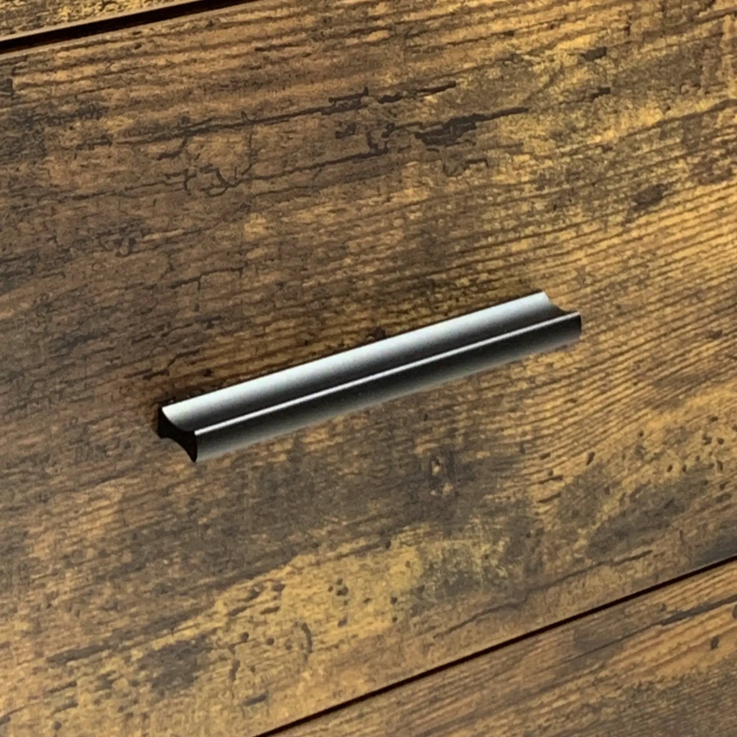 Industrial style steel drawer rail for dresser on rustic wood surface on Tampa Home & Garden Store