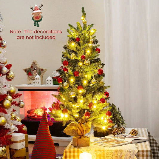 3 ft mini prelit Christmas tree with burlap base, warm lights, red and gold ornaments on Tampa Home & Garden Store