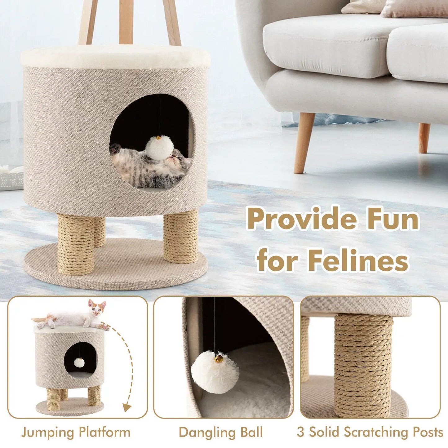 3-in-1 Cat Condo Stool with Scratching Posts beige fabric rope-wrapped posts cat lounging inside on Tampa Home & Garden Store