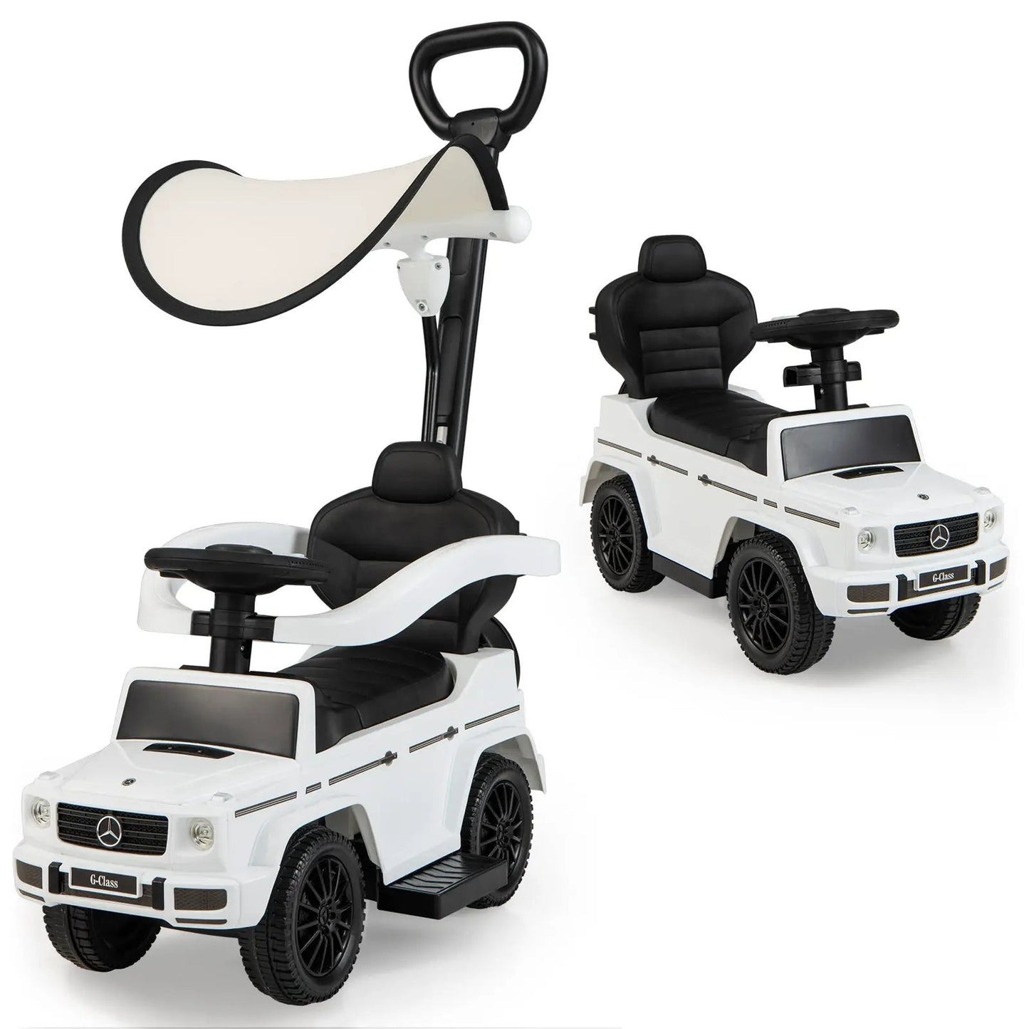 Mercedes-Benz G350 ride-on 3-in-1 push car pair with white bodies black seats and steering wheels on Tampa Home & Garden Store