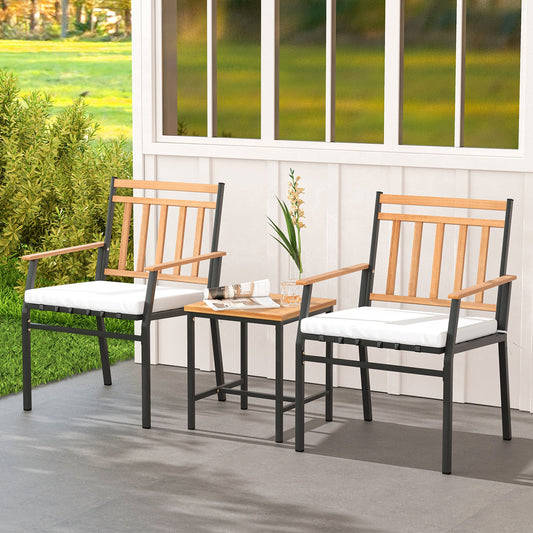 3 Pieces Outdoor Furniture Set Acacia Wood Patio Conversation Set with Cushions-White - Tampa Home & Garden Store