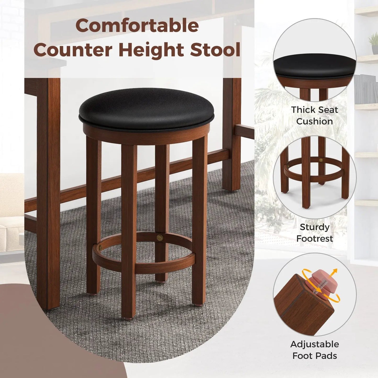 3-Piece Home Bar Set with USB Ports and Stools, dark wood frame, black padded seats on Tampa Home & Garden Store