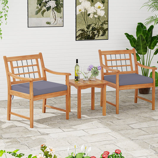 3 Piece Wood Patio Furniture Set with Seat Cushions and Acacia Wood Frame-Gray - Tampa Home & Garden Store