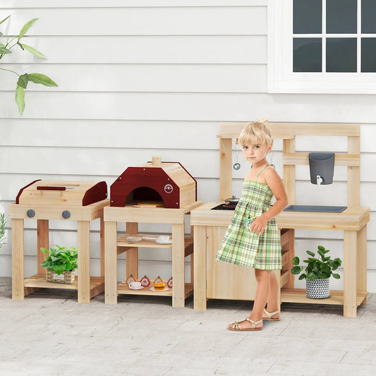 3-Piece Outdoor Kids Mud Kitchen Pizza Oven with wooden play kitchen and red oven by DirectDeals on Tampa Home & Garden Store