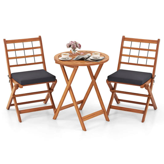 3 Pieces Acacia Wood Patio Bistro Set with Cushions-Gray - Tampa Home & Garden Store