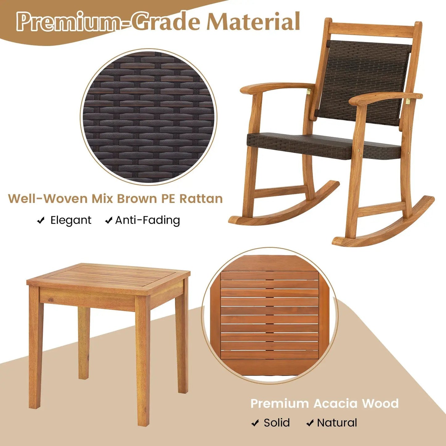 Acacia Wood Patio Rocking Chair Set with Side Table, 3 pieces, brown woven PE rattan on Tampa Home & Garden Store