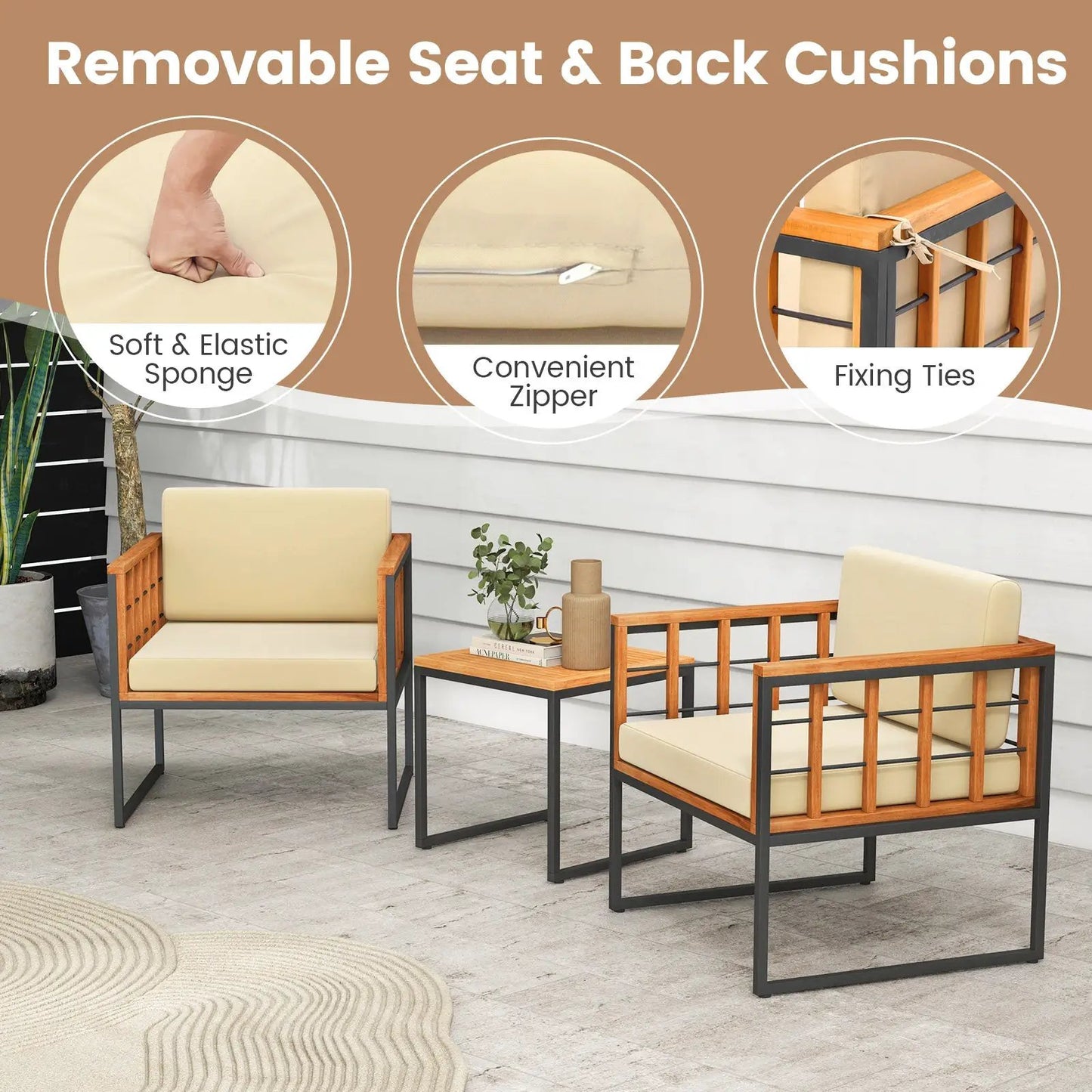 Acacia wood patio chair set with beige cushions; 3-piece outdoor furniture with beige cushions on Tampa Home & Garden Store