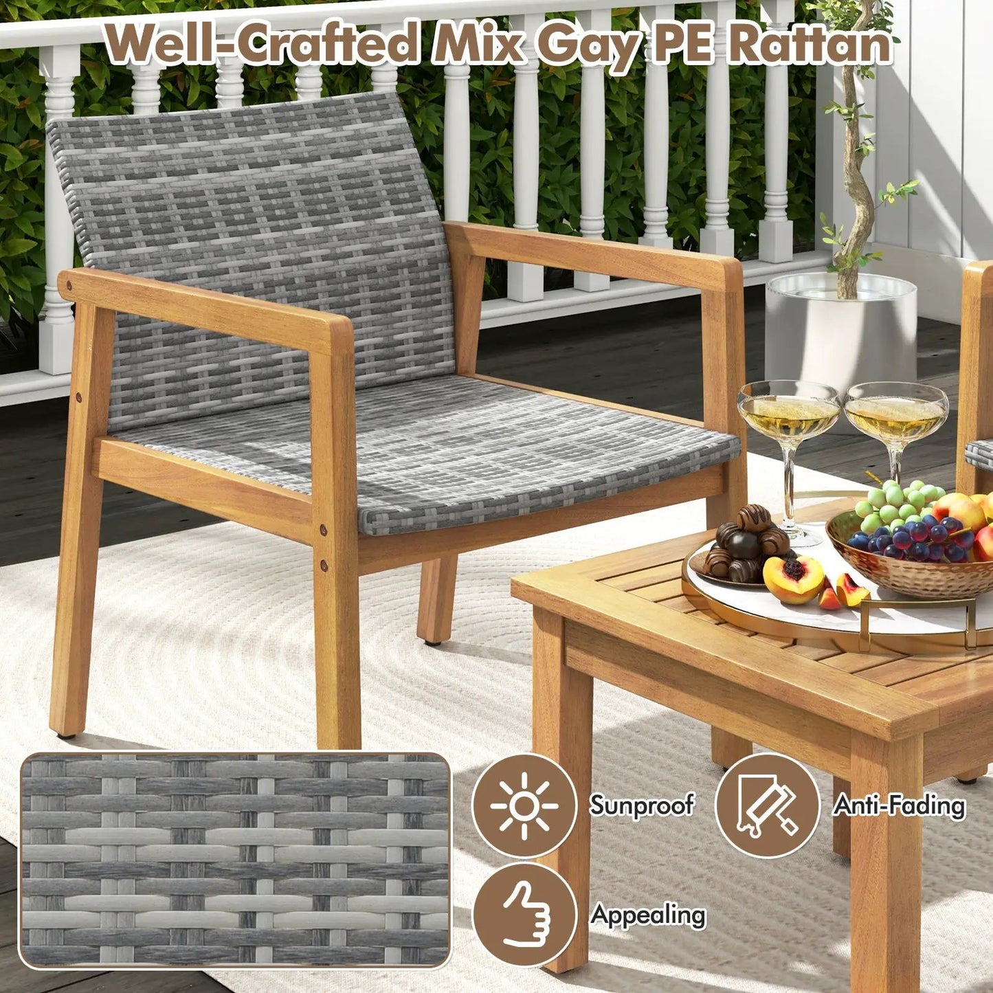 Durable 3-piece patio set with 2 gray woven PE rattan chairs and wooden coffee table on Tampa Home & Garden Store