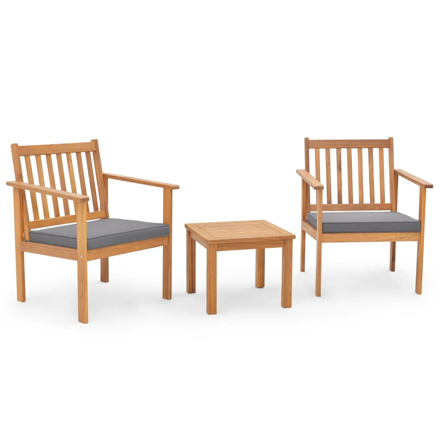 3 Piece Patio Wood Furniture Set natural wood two chairs and table gray cushions DirectDeals on Tampa Home & Garden Store