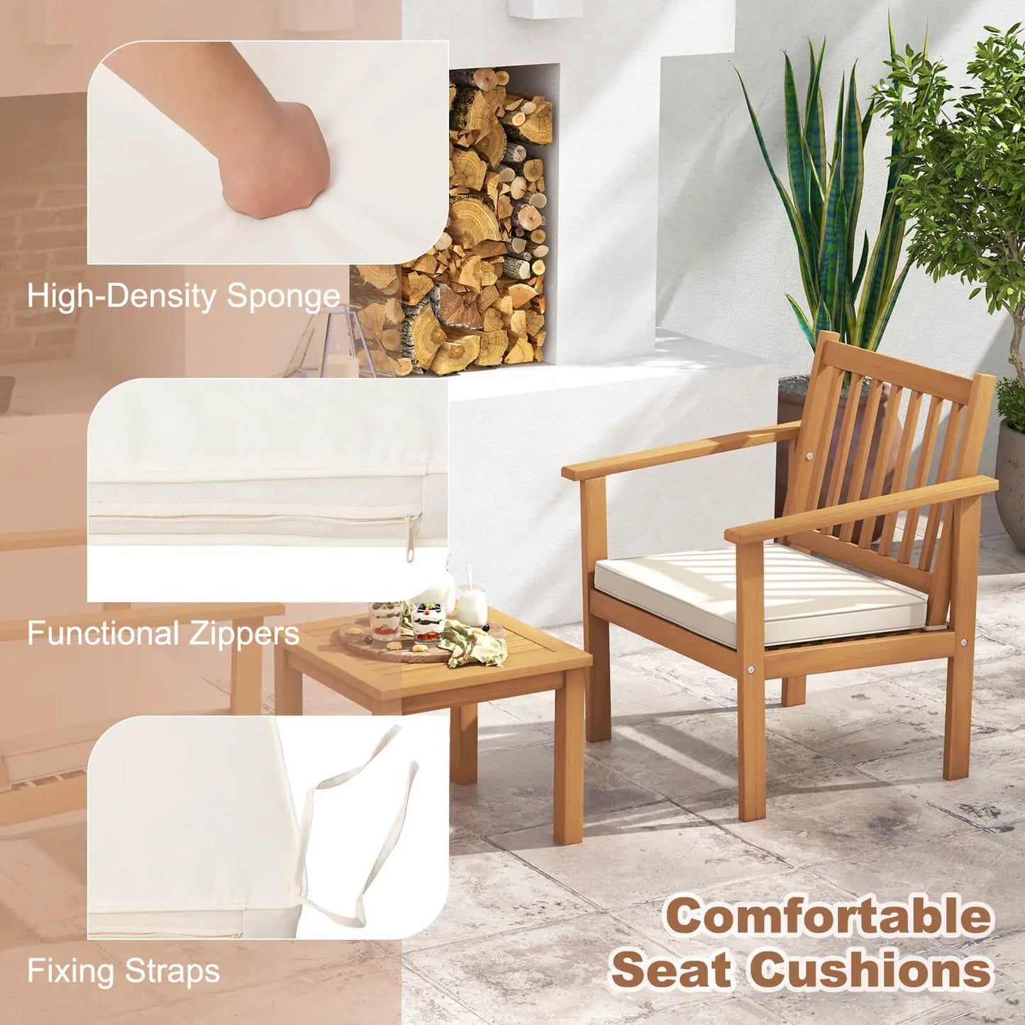 3 Piece Patio Wood Furniture Set with Cushions two wooden chairs and a matching coffee table with beige cushions on a stone patio on Tampa Home & Garden Store