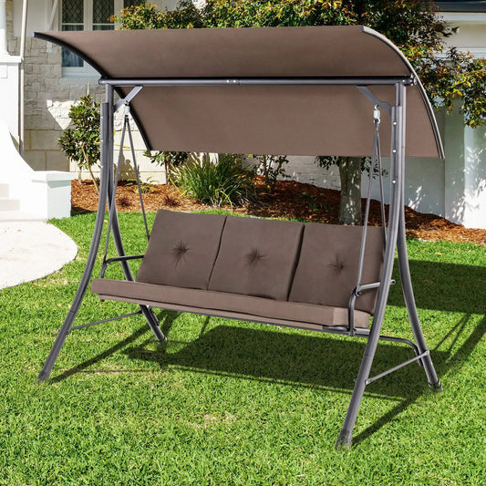 3-Seat Outdoor Porch Swing with Adjustable Canopy and Padded Cushions-Brown - Tampa Home & Garden Store