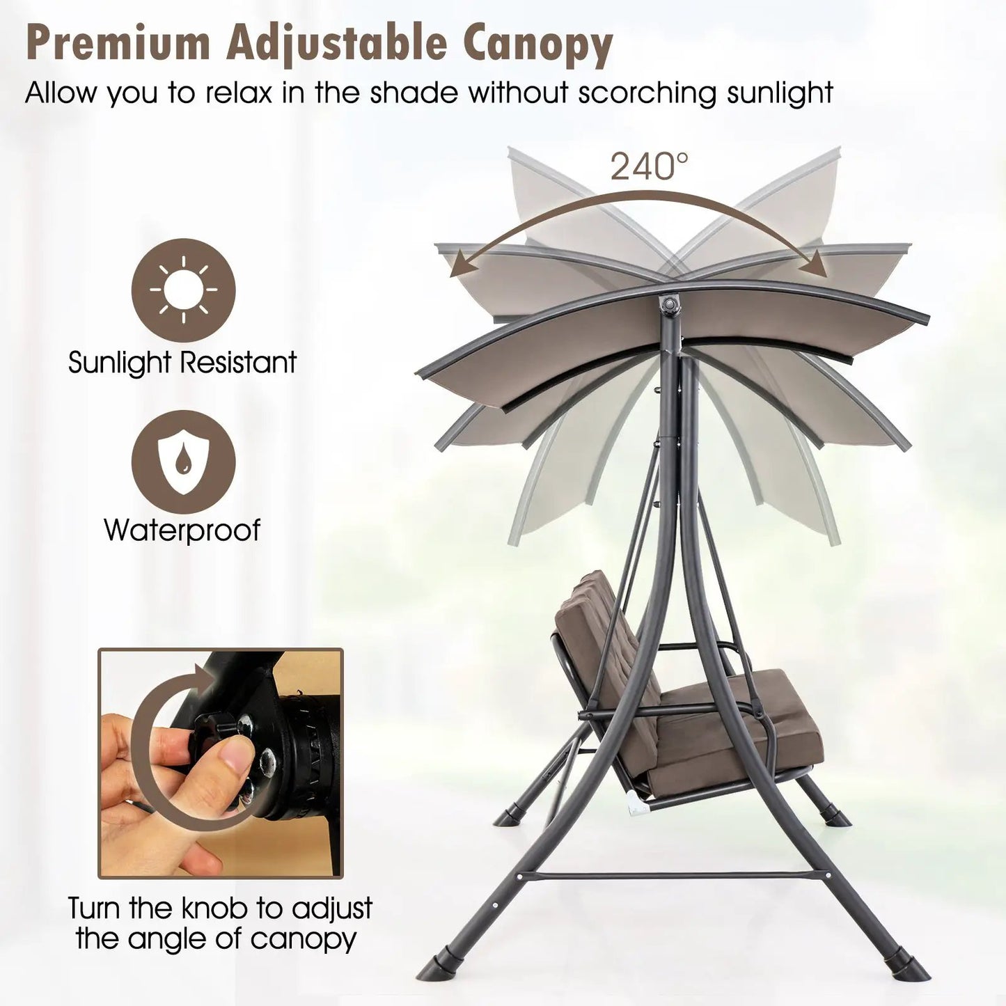 Three-seat porch swing with adjustable canopy, brown frame and padded cushions DirectDeals on Tampa Home & Garden Store