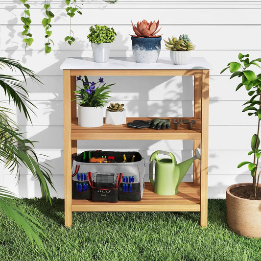 3 Tier Garden Potting Bench with Marble Countertop, natural wood frame, top potted plants, lower tool shelf on Tampa Home & Garden Store