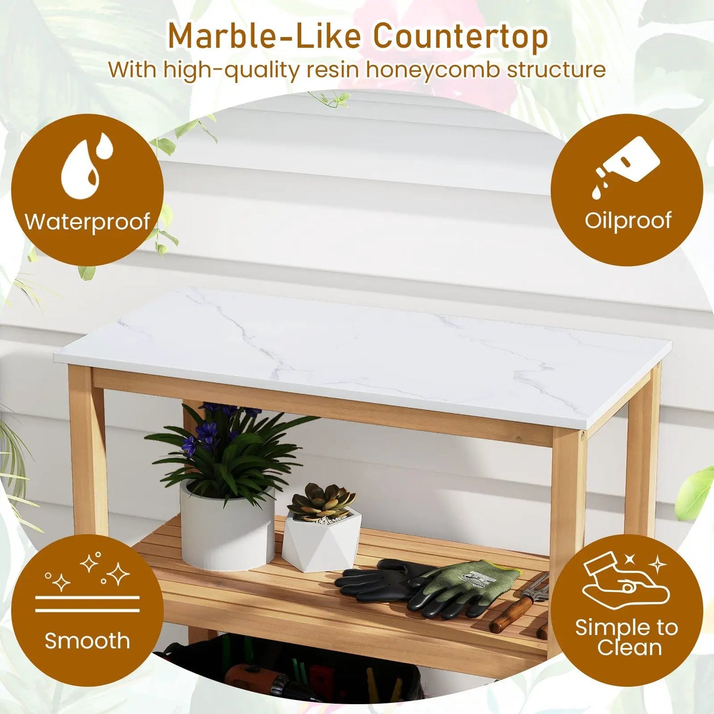 3-Tier Garden Potting Bench with marble countertop and wood legs DirectDeals Potting Bench on Tampa Home & Garden Store