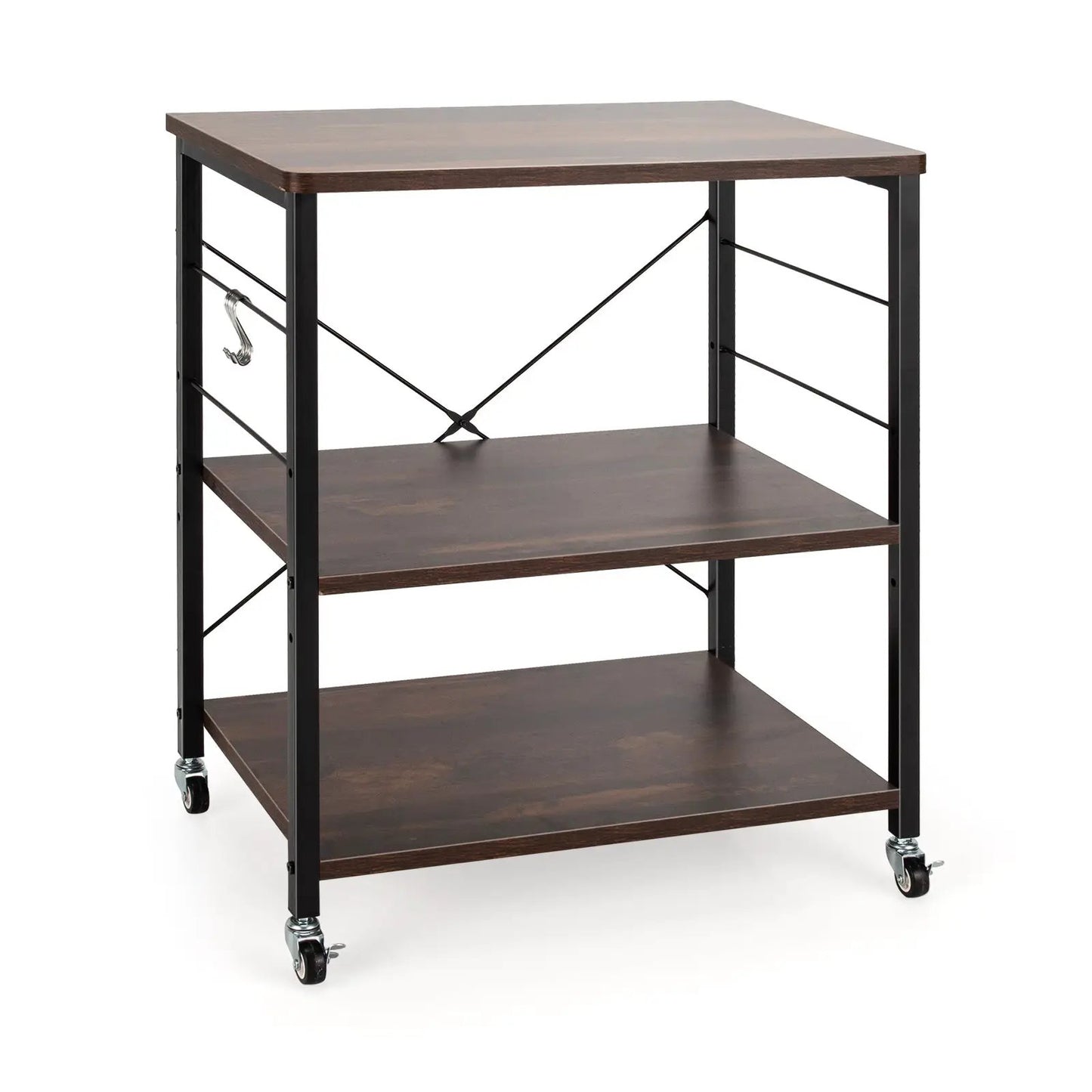 3-Tier Kitchen Baker's Rack Microwave Oven Storage Cart with Hooks-Rustic Brown - Tampa Home & Garden Store