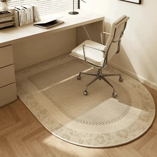 Office chair mat floor protector beige oval mat under white desk chair Moktan Sabai on Tampa Home & Garden Store