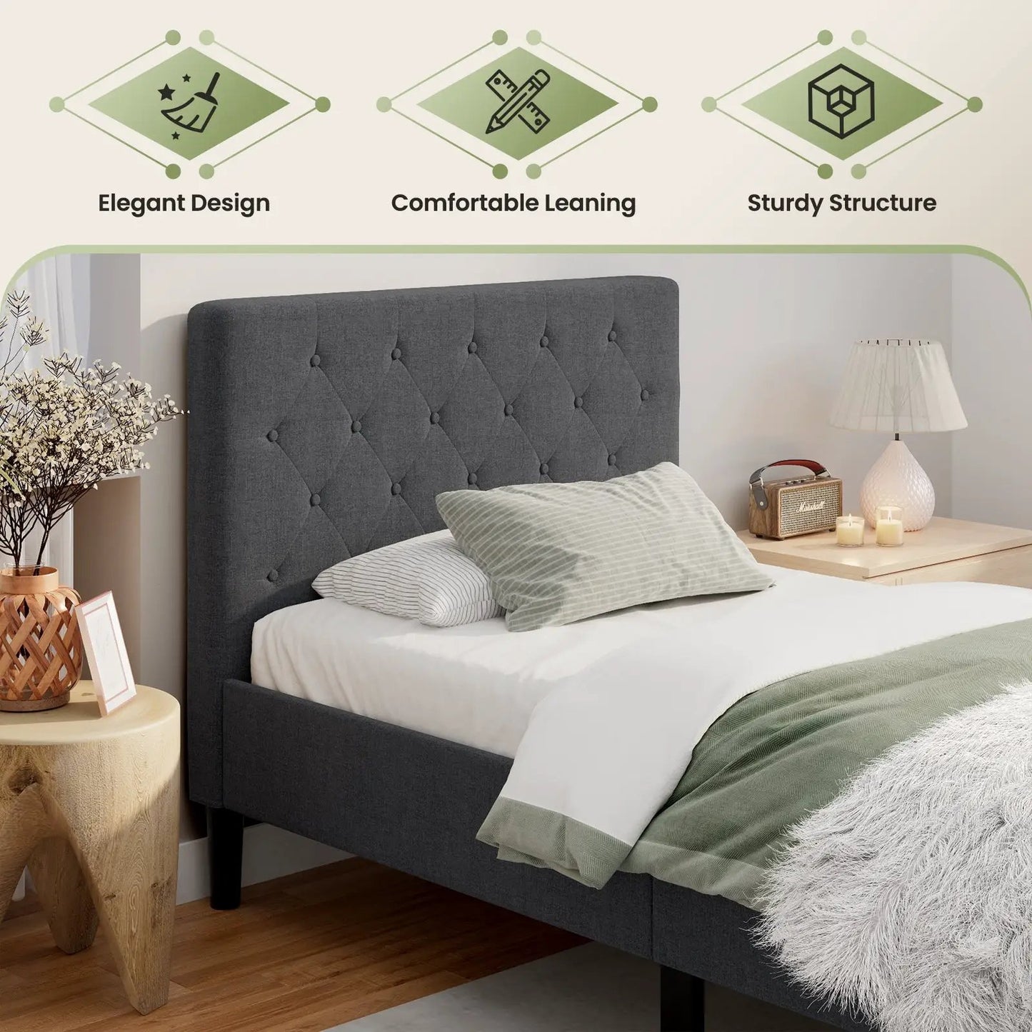 Twin upholstered bed base with button-tufted headboard in dark gray by DirectDeals, frame on Tampa Home & Garden Store