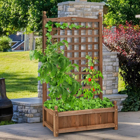Solid wooden planter box with trellis, stained wood and tomato vines DirectDeals on Tampa Home & Garden Store